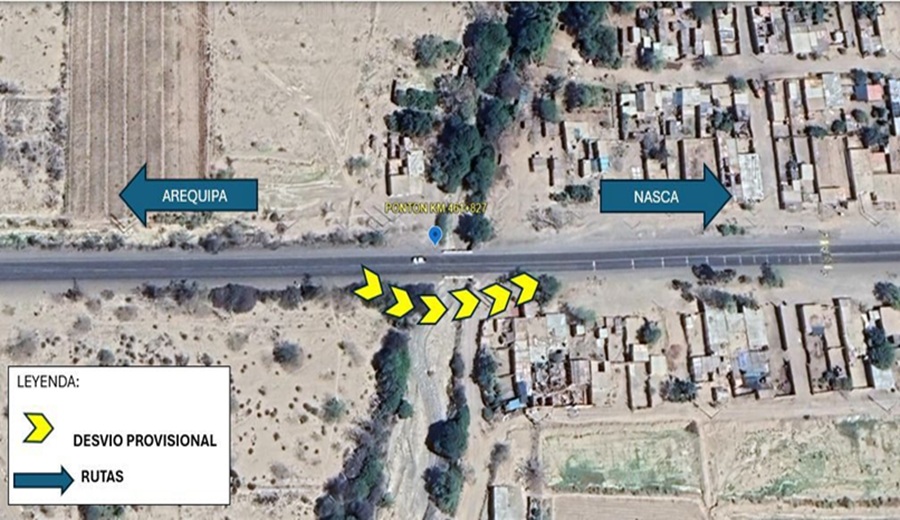 MTC Habilitan desvío provisional tras cierre preventivo del Pontón ubicado en el km 461 de la Panamericana Sur, en Nazca