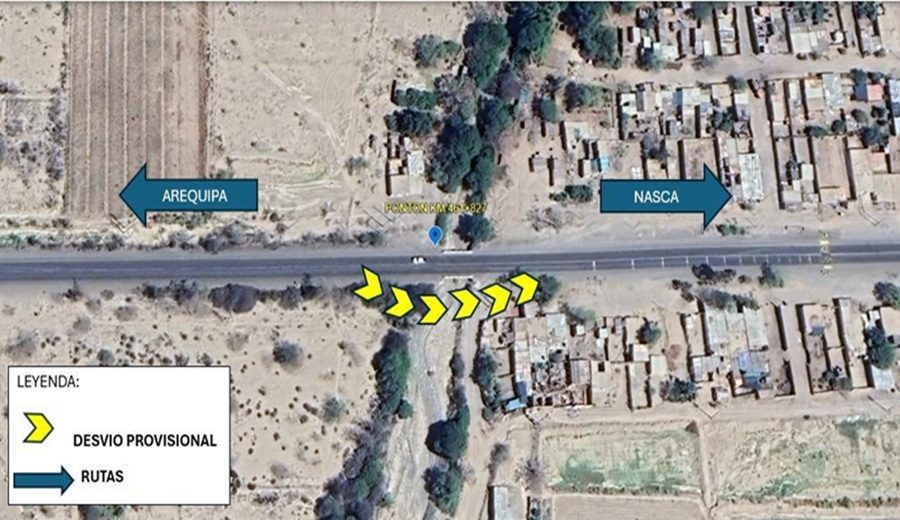 MTC Habilitan desvío provisional tras cierre preventivo del Pontón ubicado en el km 461 de la Panamericana Sur, en Nazca